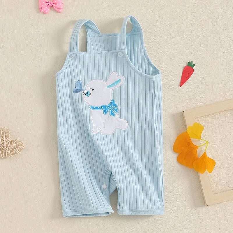 Easter Bunny Embroidered Sleeveless Romper Jumpsuit Square Neck Bodysuit for Infant Boys and Girls Cute Holiday Outfit