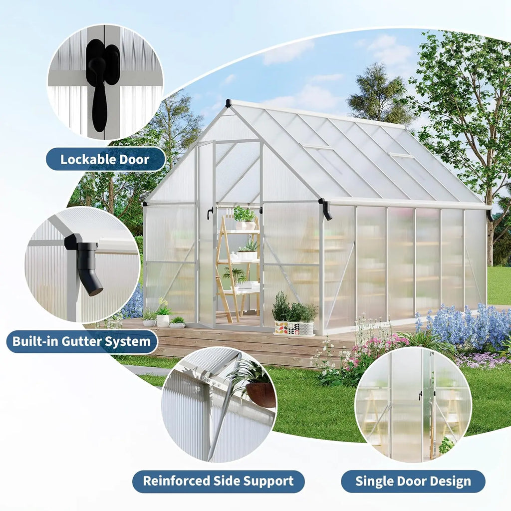 8ft X 12ft Aluminum Frame Polycarbonate Greenhouse with Roof Vents, Large Reinforced Aluminum Greenhouse Kit