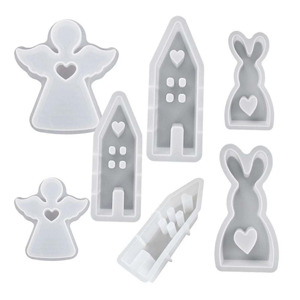 7Pcs Easter Silicone Molds House Rabbit Angel Resin Molds Casting Moulds for DIY Candle Candy Chocolate Soap