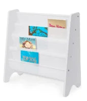 4 Tier Childrens Bookshelf Wooden White Kids Sling Storage Child Bookcase Shelf with Soft Canvas for Book Storage