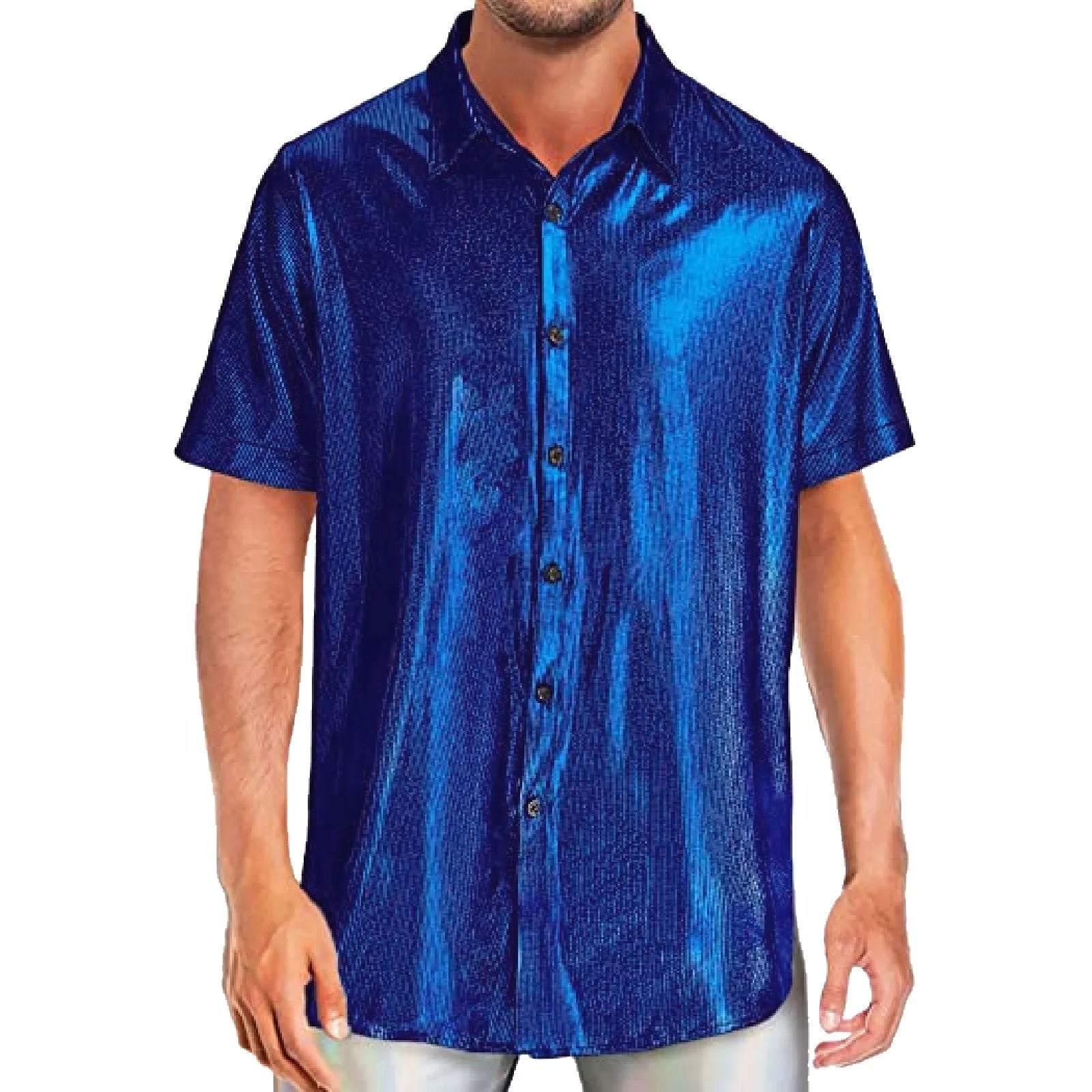 Mens Shiny Sequins Shirt Fashion Men's Performance Shirt Turn-Down Collar Short Sleeved Shirts For Club Party Disco Stage Show