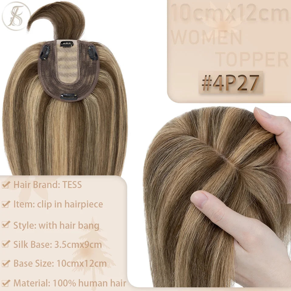 TESS Women Topper 10x12cm Hair Clips Hair Topper Natural Hair Wigs 100% Human Hair Silk Base Clip In Hair Extension Blonde Women