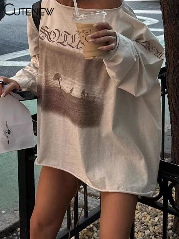 Cutenew Printed Fashion Women T-shirts Autumn New Slash Neck Full Sleeve Oversized Classic Basic Tops Female Street Casual Tees