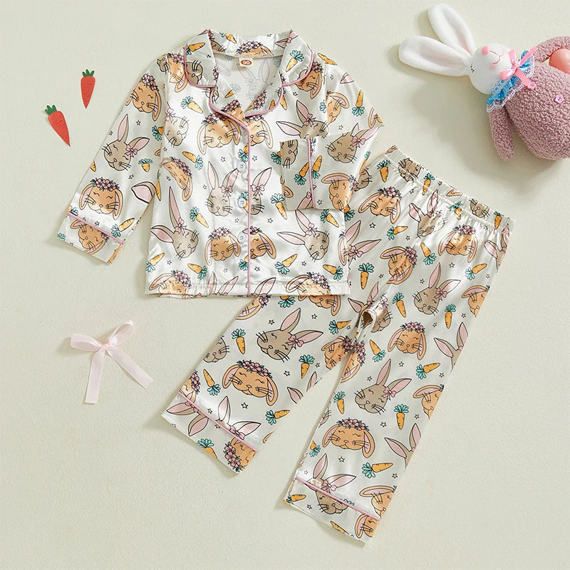 Toddler Girl Easter Satin Pajama Set with Bunny and Carrot Print Long Sleeve Button-up Tops and Pants Sleepwear Outfit 2 Piece