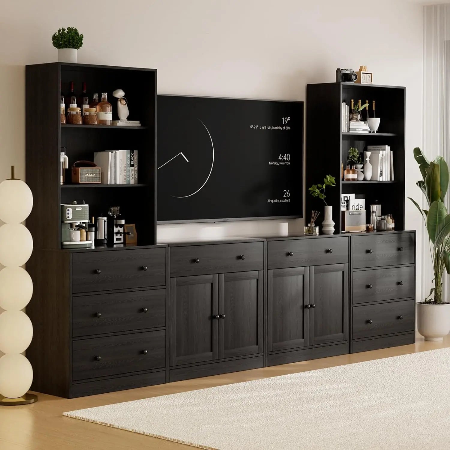 4-Piece Large TV Stand with Bookshelves for TVs up to 75", TV Entertainment Center Media Center with Tempered Glass Doors and Sh
