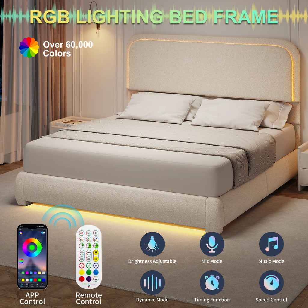 Full Size LED Bed Frame with Storage Drawers, Teddy Upholstery, Rounded Headboard, Soft and Cozy, No Box Spring Needed