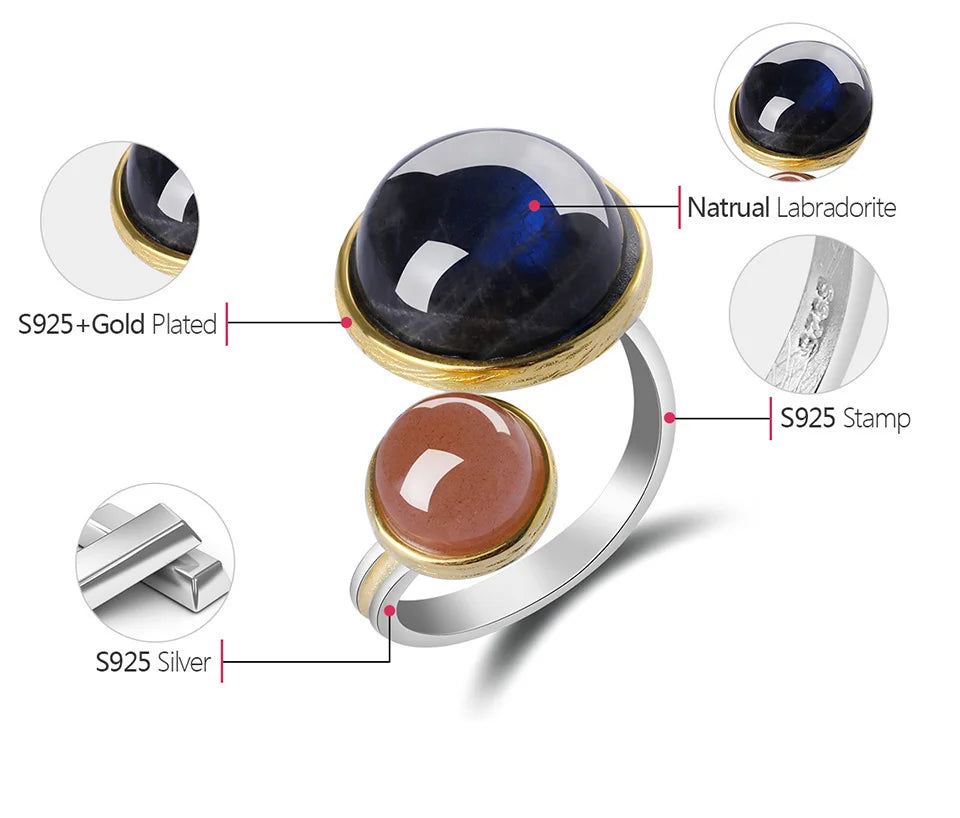 Lotus Fun Real 925 Sterling Silver Natural Labradorite Moonlight Gemstones Ring Fine Jewelry Mysterious Lake Rings for Women