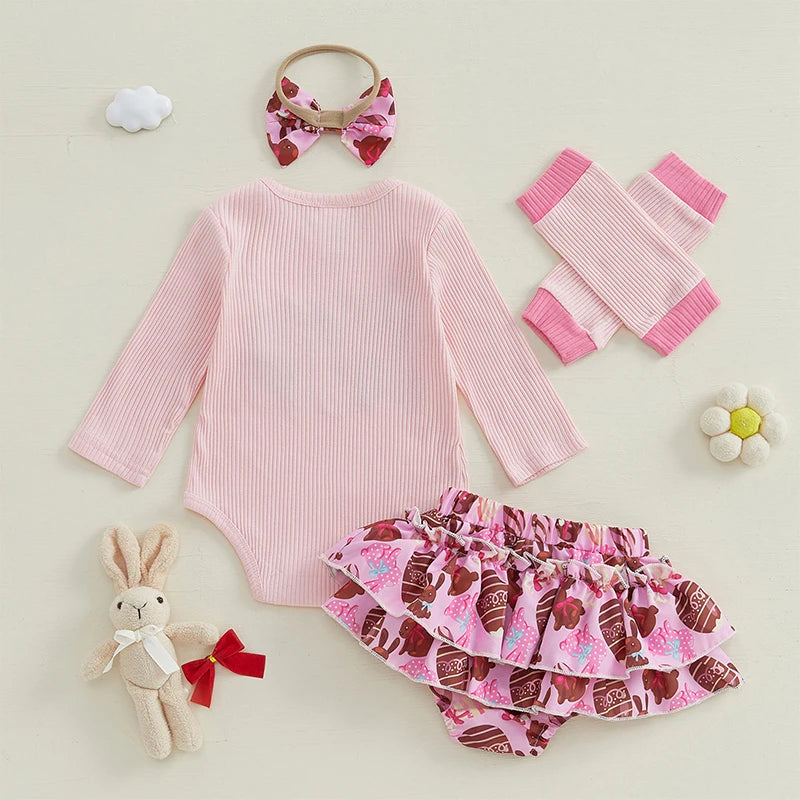 Toddler Easter Dress Bunny Print Short Sleeve Romper Tutu Skirt Headband Leggings Set for Baby Girls 0-24 Months