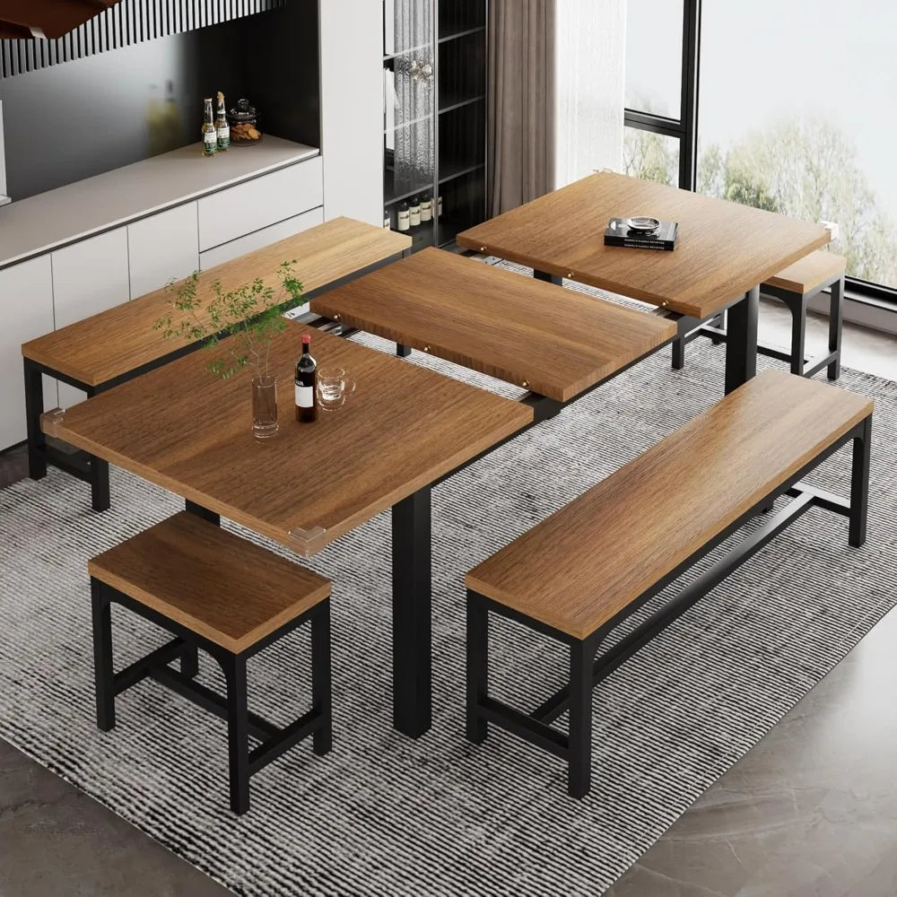 5-Piece Dining Table Set for 4-8 People, Extendable Kitchen Table Set with 2 Benches and 2 Square Stools, Mid-Century