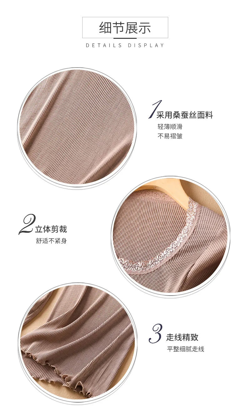 Autumn and Winter Mulberry Silk Women's Warm Underwear Round Neck Silk Lace Edge Long Sleeve Bottom Shirt Slim Fit