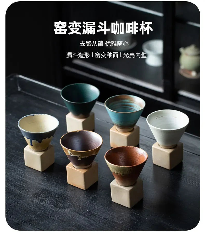 Coarse Pottery Creative Coffee Cup with Base Japanese Retro Conical Ceramic Cups Minimalist Latte Mug  Stoneware Master Teacup