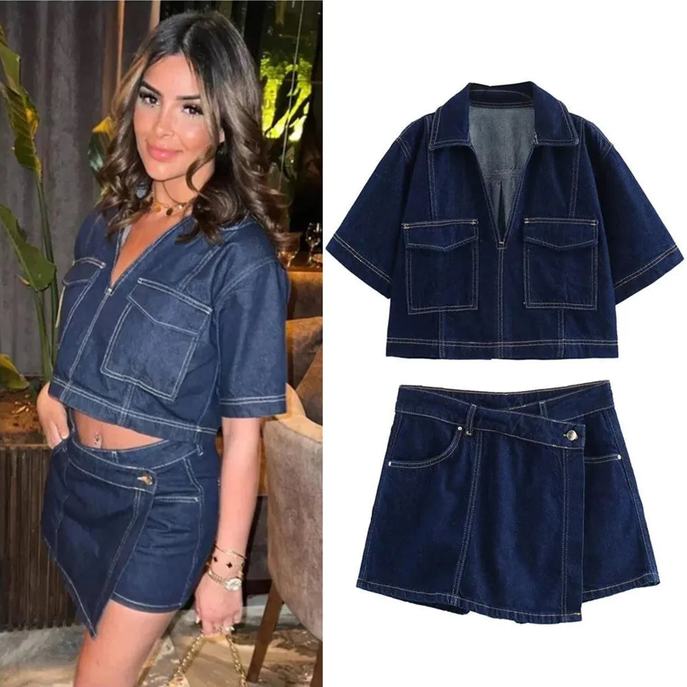 Summer New Women's Fashion Temperament Casual Versatile V-neck Short Denim Shirt Double Breasted Denim Skirt Suits Outfits