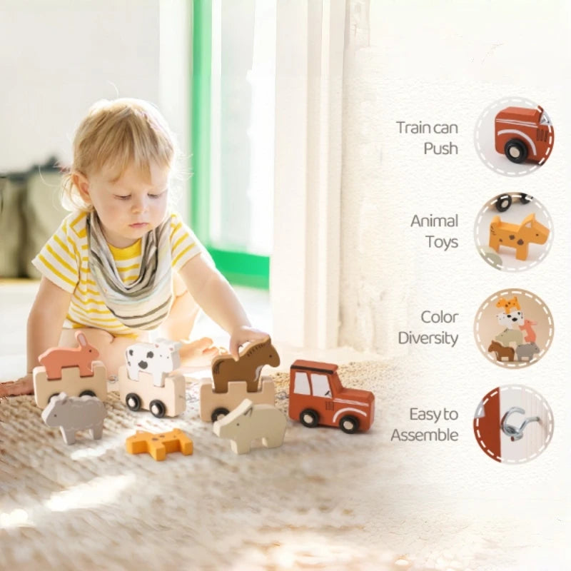 Colorful Wooden Push Train Toy with 6pcs Farm Animal Figurines Multiple And Functional Toy- Baby & Children's Gift Nursery Decor