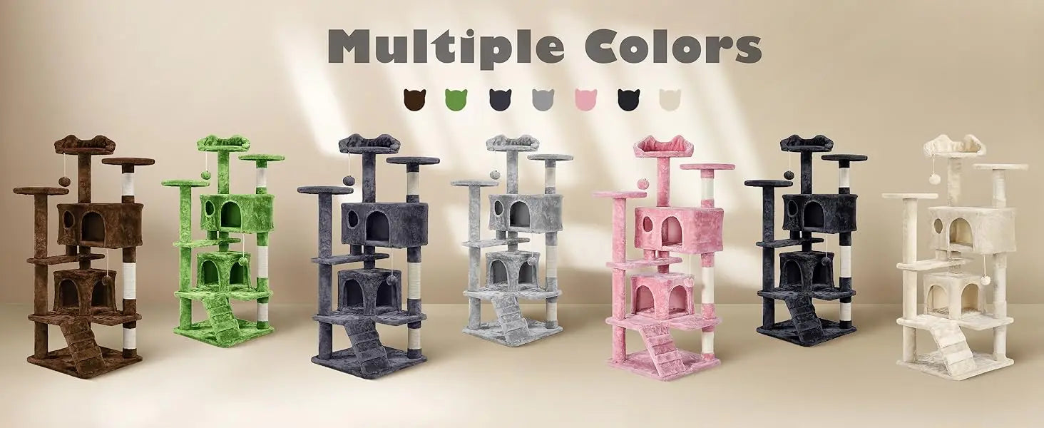 54in Cat Tree, Multi-Level Cat Tower With Spacious Kitten-ear Perch, 2 Cozy Caves, Scratching Posts, Climbing Ladder, 2 Plush Ba