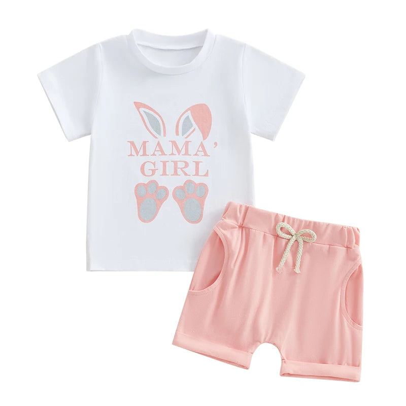Easter Bunny Romper Set with Rabbit Print Short Sleeve Round Neck Bodysuit and Elastic Waistband Shorts for Infant Boys and