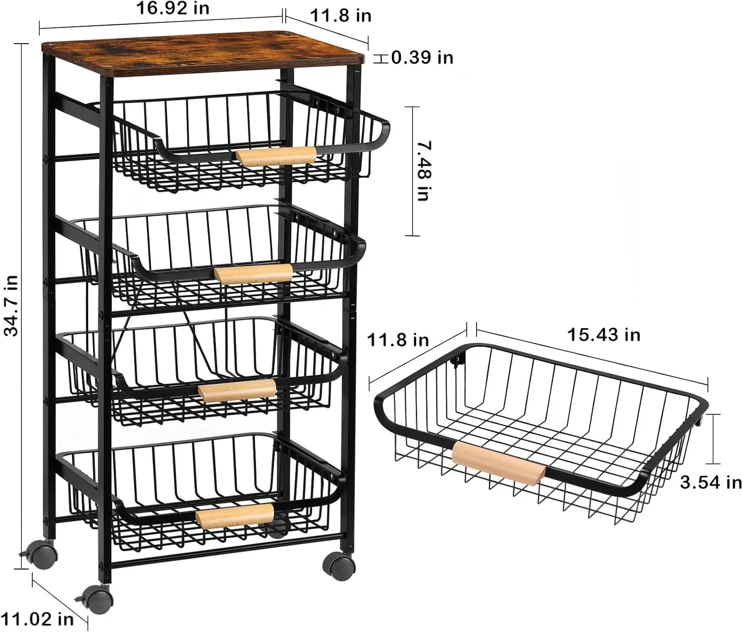 5-Tier Rolling Kitchen Cart with Wooden Top, Metal Mesh Baskets for Fruit Vegetable Storage, Easy Move Wheels