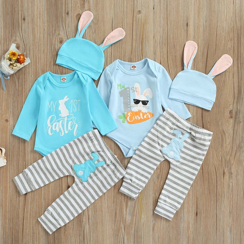 Adorable Infant Easter Outfit 3-Piece Bundle Cute Bunny Print Bodysuit Matching Striped Bottoms Bunny Ear Beanie