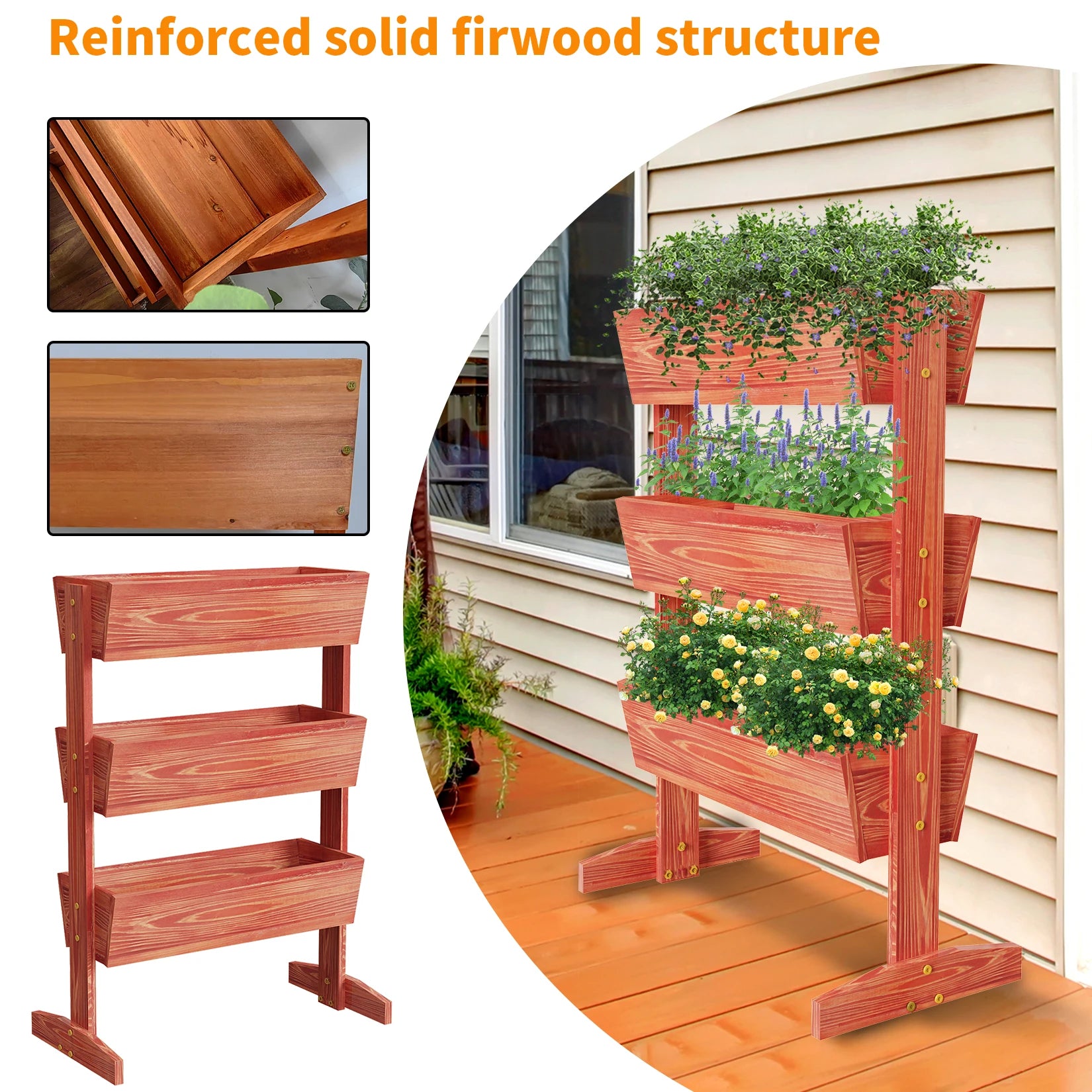 4 Tier Vertical Raised Planter Box Elevated Garden Bed Outdoor Wooden Herb Planter Ladder Vegetable Troughs