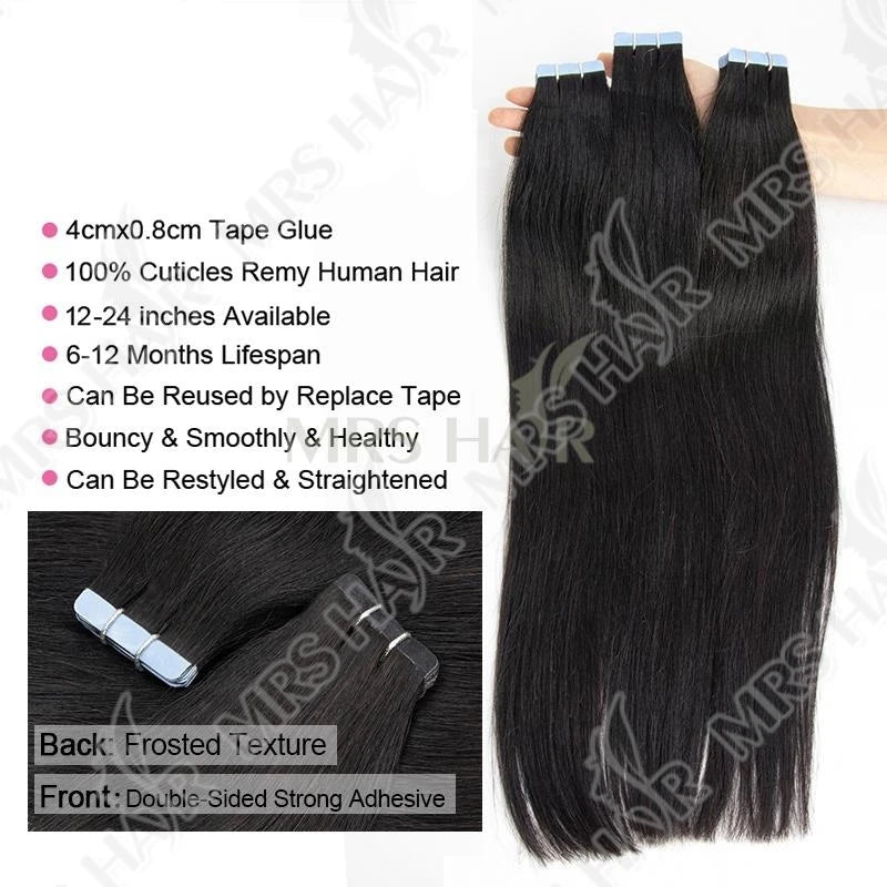 MRSHAIR Tape in Hair Extensions Human Hair Silk Straight Cuticle Remy Tape in Extensions Skin Weft 20pcs/Pack 12-24inch Tape Ins