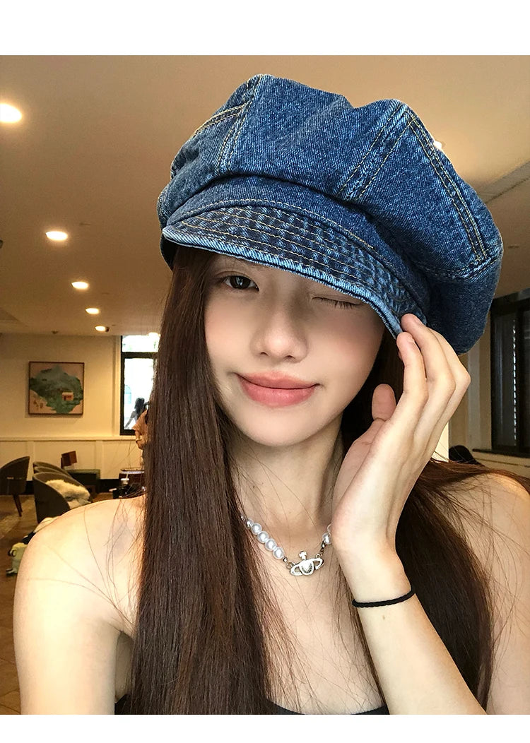 Japanese Retro Denim Cloud Berets Cap for Women Spring and Summer Casual Versatile Simple Literary Style Octagonal Newsboy Hat
