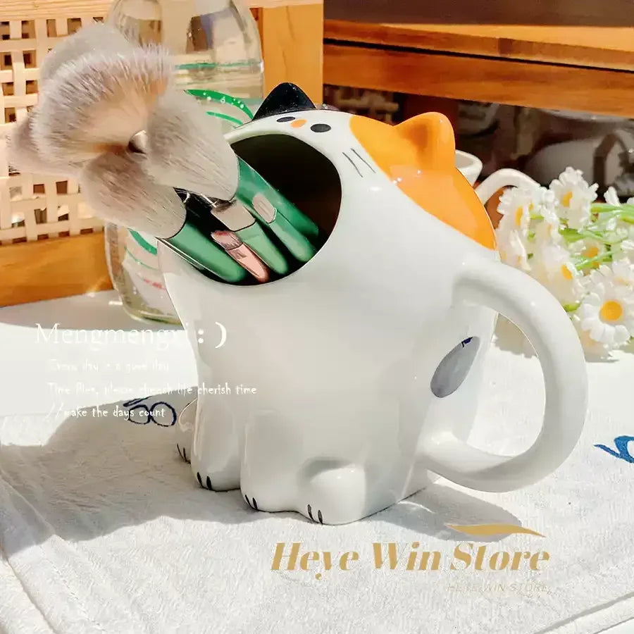 Cute Cat Mug, Cartoon Calico Cat Storage Rack, Desktop Pen Holder, Fun Gift Straw Cup, High-value Breakfast Milk Cup