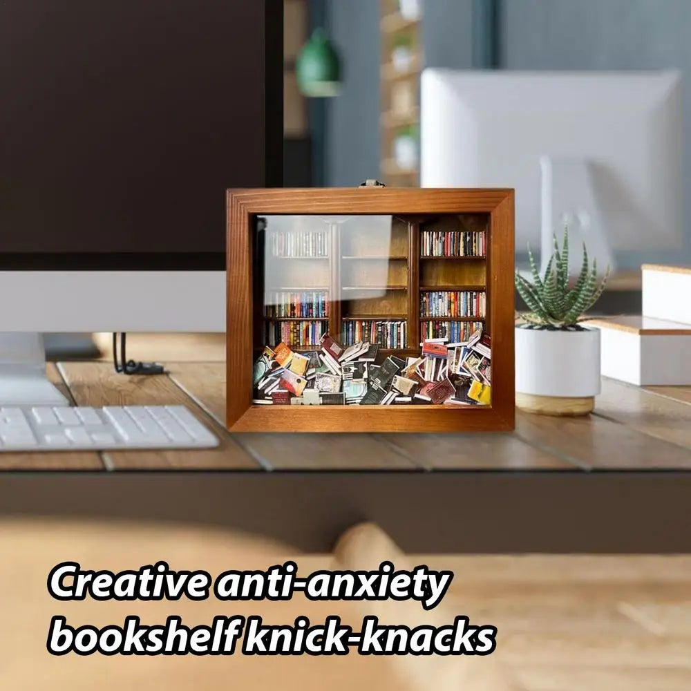 DIY Stress Reliever Wooden Library Tiny Library Wooden Bookshelf Display Case Cabinet Anti Anxiety Bookshelf Birthday Gift