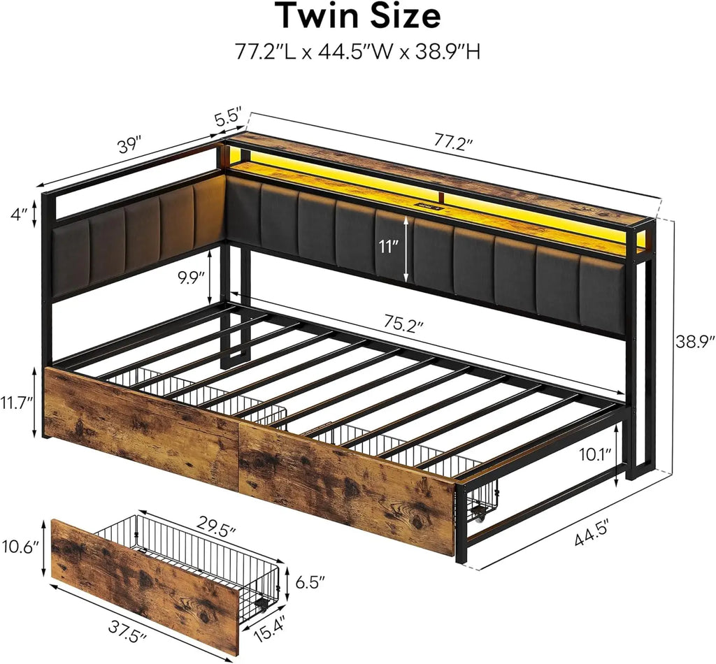 LIKIMIO Corner Bed Frame Twin/Full Daybed with Storage Drawers, Metal Platform Bed Frame with LED Light, Charging Station, Black