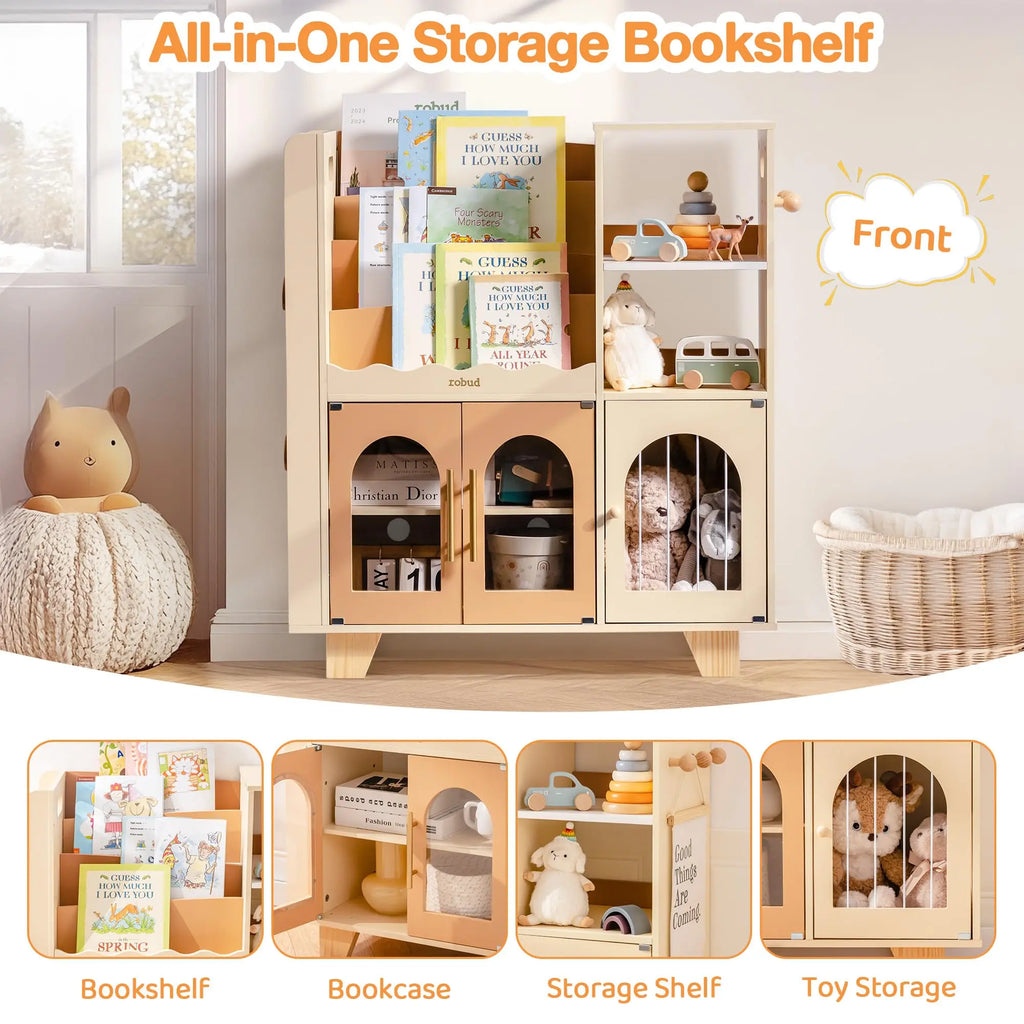 ROBOTIME ROBUD Kids Wooden Bookshelf with Storage Montessori Bookshelf Kids Bookcase Toy Storage Book Shelf for Toddlers
