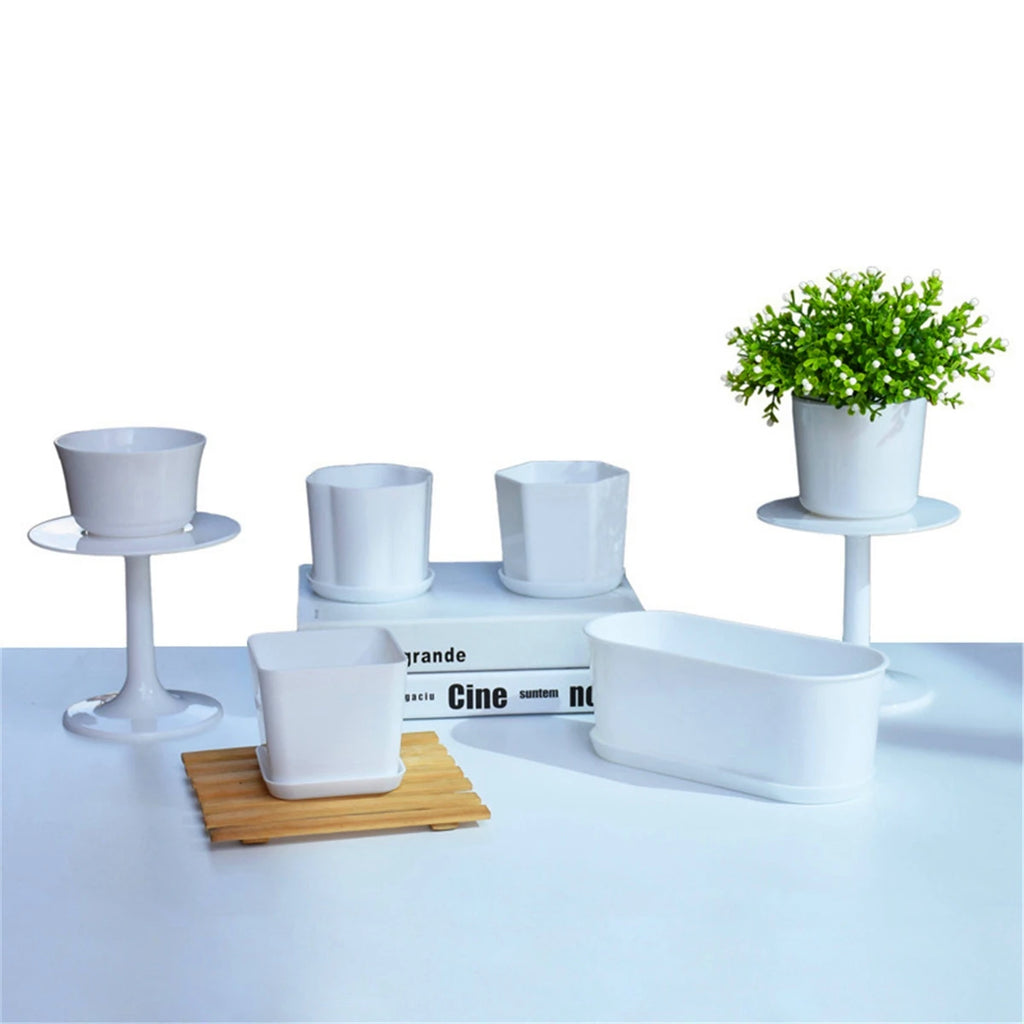 1/5Pcs White Modern Flower Pots With Trays Garden Balcony Desk Thicken Boxes Home Office Minimalist Bonsai Polygonal Containers