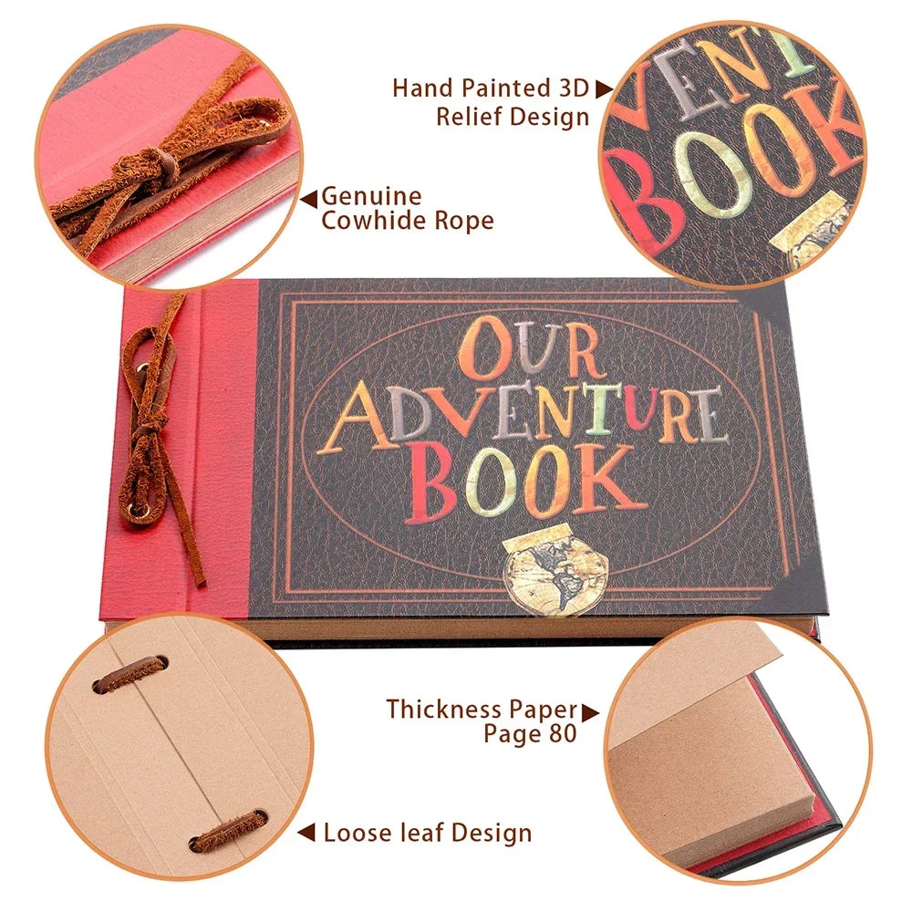 80 pages Our Adventure Book Scrapbook Photo Album 3d Retro Embossed Letter Hard Cover Friends Family Memo ry Book 11.9x7.6 Inch