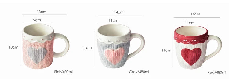480ml Large Ceramic Coffee Mug Kawaii Bowknot Tea Cup Pink Wool Knitting Mug Dishwasher and Microwave Safe