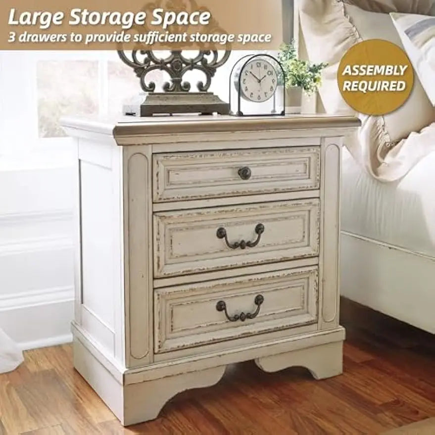 Realyn French Country 3 Drawer Nightstand with Electrical Outlets & USB Ports, 27.75" Tall, Chipped White 2025 NEW