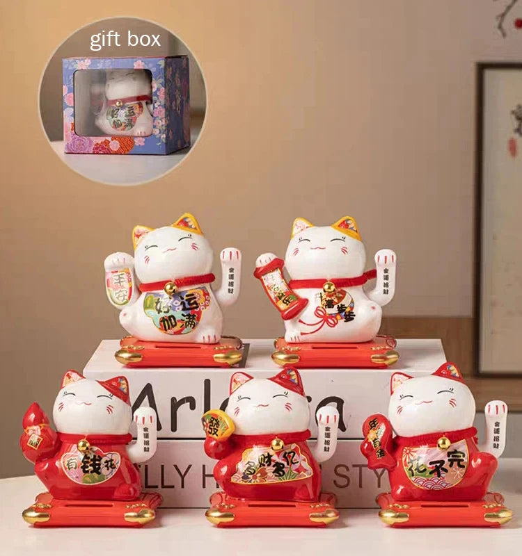 4.3 Inch Solar Powered Waving Ceramic Maneki-neko Lucky Beckoning Cat for Wealth Fortune, Home Office Decor, Gift for Prosperity