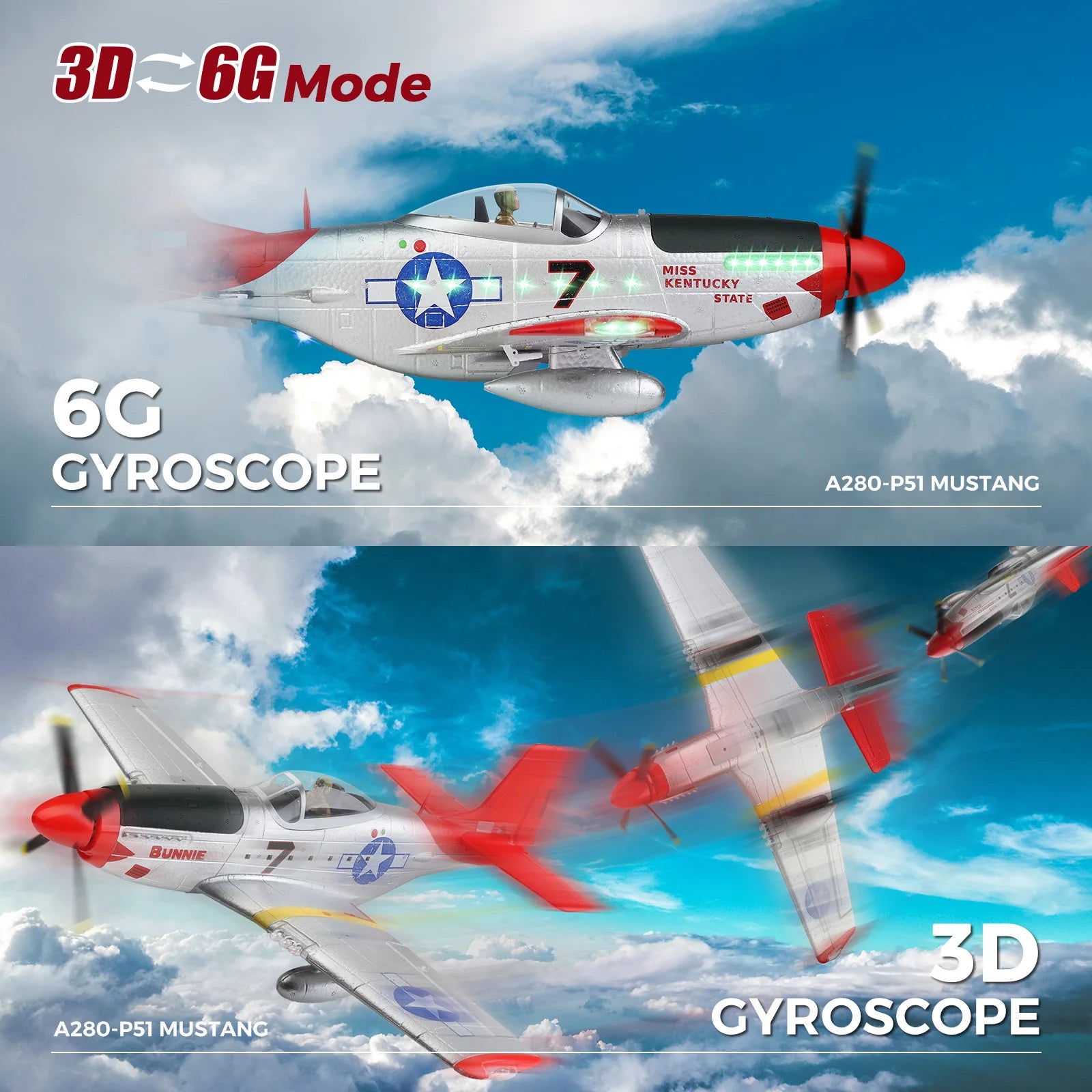 WLtoys XK A280 RC plane,P51 Mustang 4-CH RC Airplane with Lights,6G/3D Brushless Remote Control Airplane,Suitable for adults