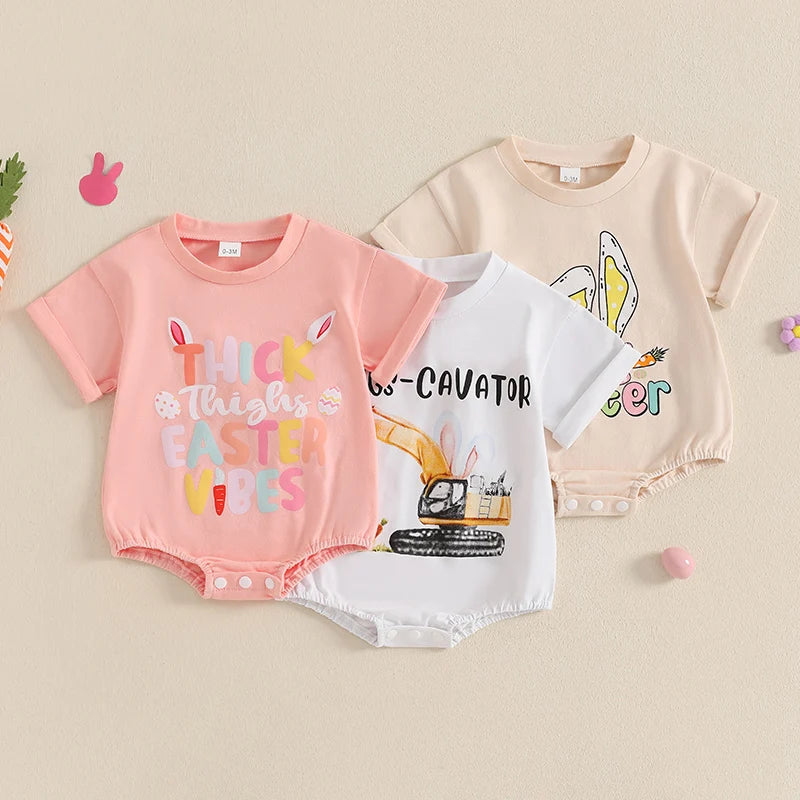 Infant Easter Jumpsuit Adorable Bunny Ears Pattern Short Sleeve Romper Newborn Bodysuit Spring Playsuit Loose Fit Bunny Outfit