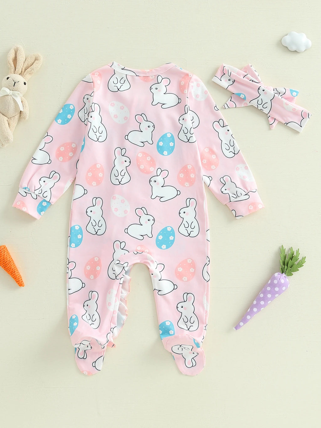 Toddler Girl 2Pcs Spring Outfits Short Sleeve Round Neck Floral Print Romper with Bow Headband Set Infant Clothing for Easter