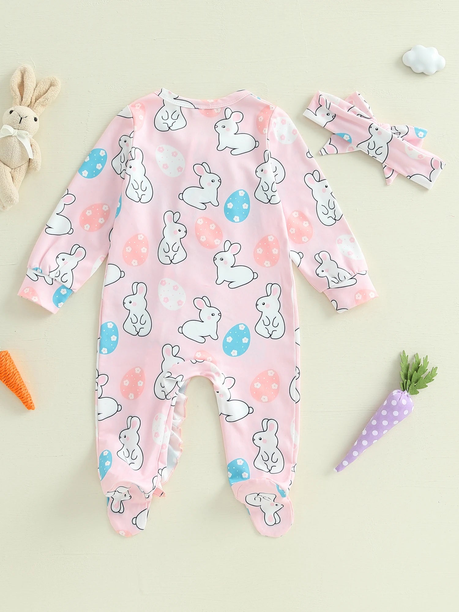 Toddler Girl 2Pcs Spring Outfits Short Sleeve Round Neck Floral Print Romper with Bow Headband Set Infant Clothing for Easter