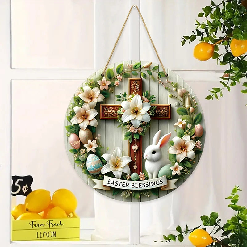 1pc 2D Rustic Easter Wooden Sign Bunny Rabbit Wood Welcome Sign For Easter Spring Holiday Front Door Home Wall Hanging Decor