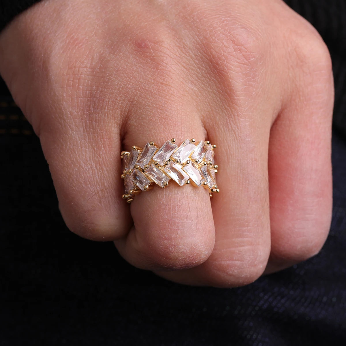 2 Row Baguette Zircon Men's Ring Copper Charms Gold Color Fashion Hip Hop Rock Jewelry