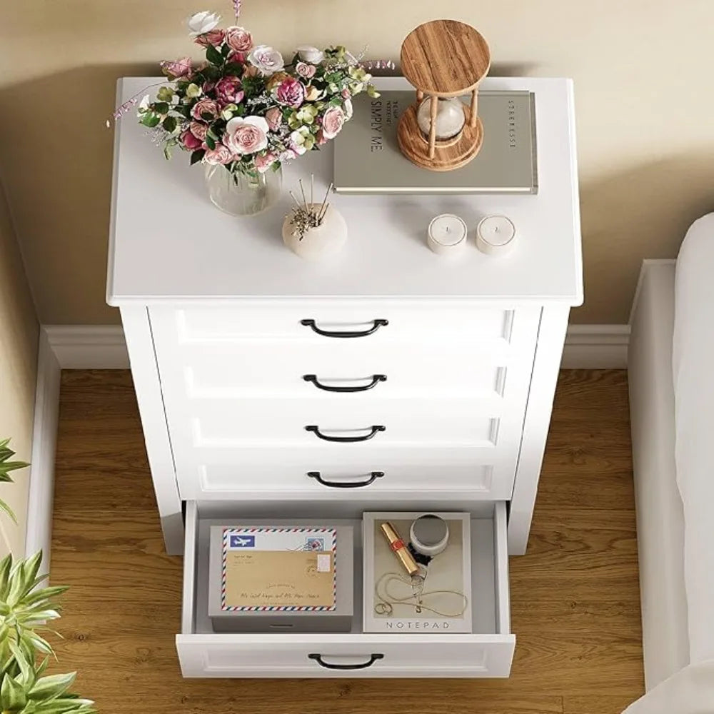 5-drawer dressing table, white wooden bedroom drawer cabinet, 43.3-inch large capacity storage cabinet with anti tipping device