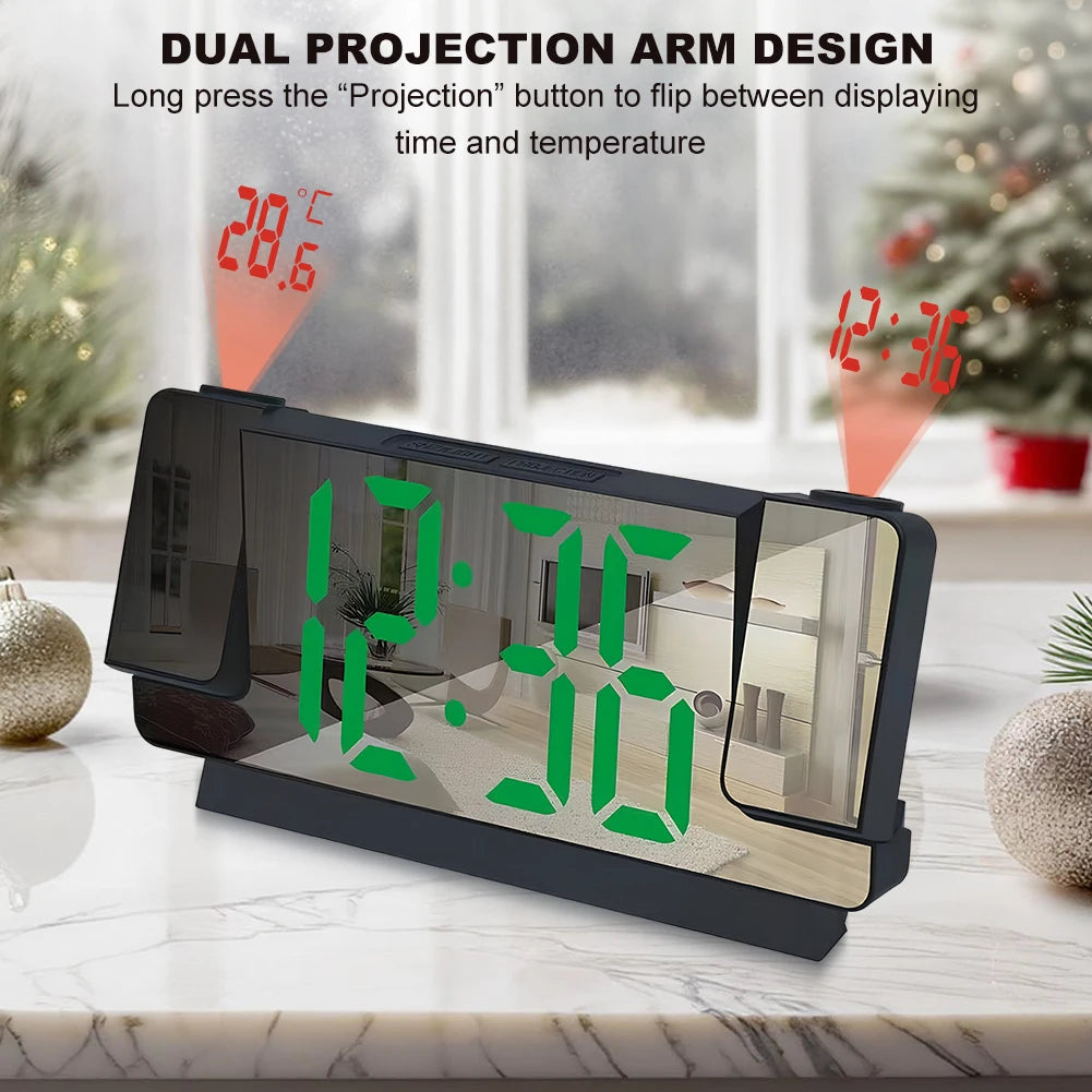 Digital Projection Alarm Clock Large LED Display 180° Rotatable Projector & Dimmer 12/24H DST With Time Temperature for Home Bed