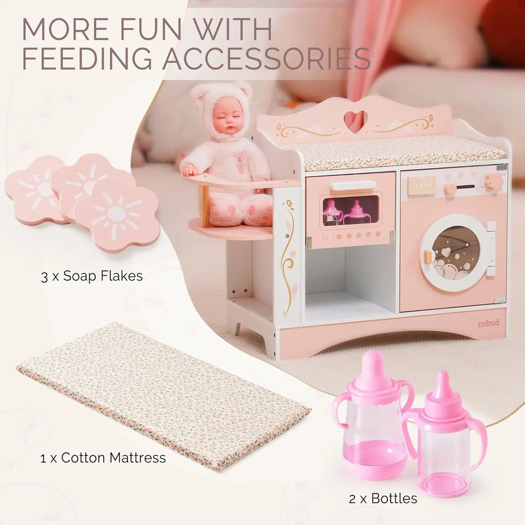 Robud Wooden 6-in-1 Baby Doll Changing Table with Baby Doll Crib Washing Machine Bottle Sterilizer Storage Area for Kids in Pink