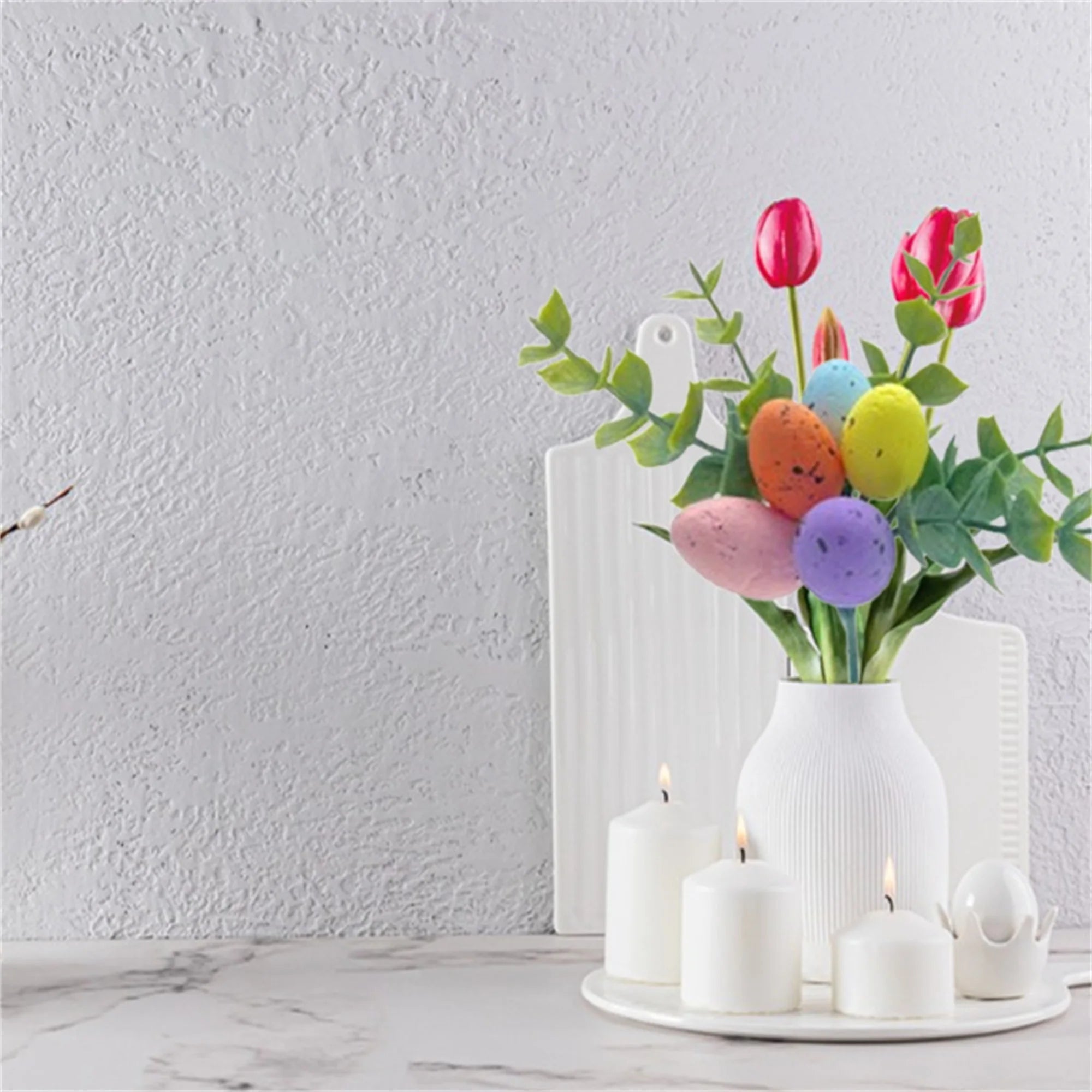 Easter Egg Picks Set with Artificial Pastel Eggs and Green Leaf Branches for Home Decor and Spring Celebrations