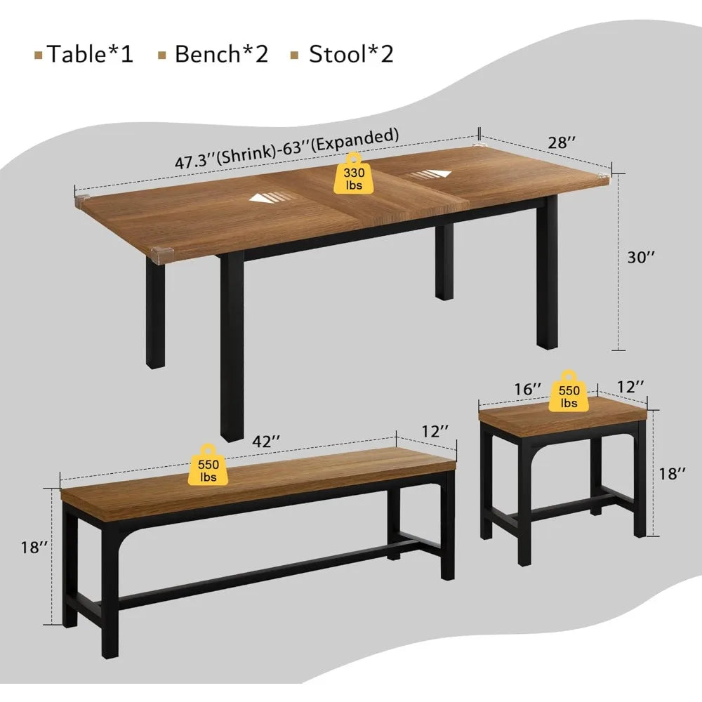 5-Piece Dining Table Set for 4-8 People, Extendable Kitchen Table Set with 2 Benches and 2 Square Stools, Mid-Century