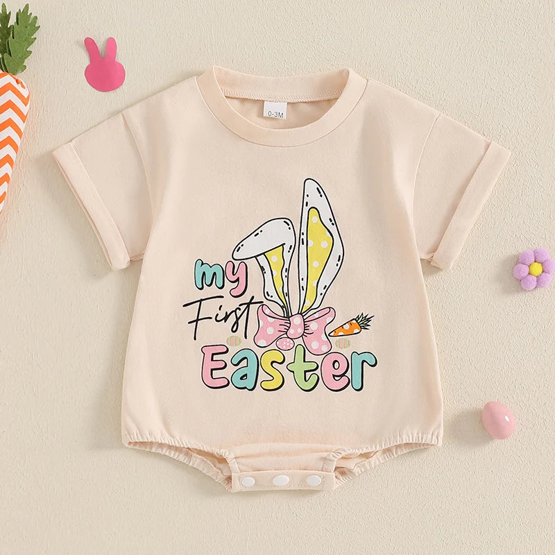 Infant Easter Jumpsuit Adorable Bunny Ears Pattern Short Sleeve Romper Newborn Bodysuit Spring Playsuit Loose Fit Bunny Outfit