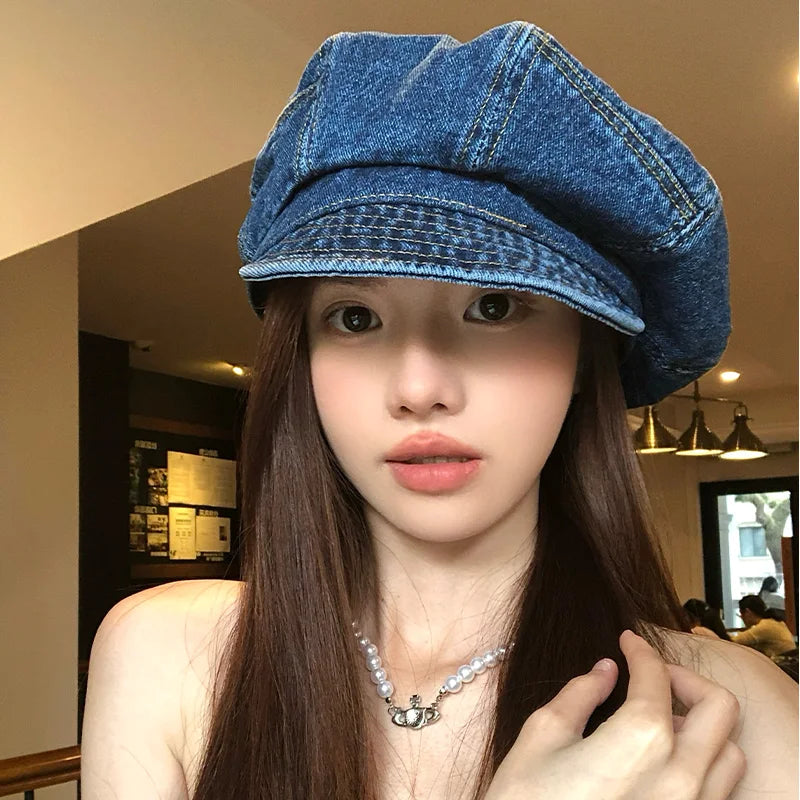 Japanese Retro Denim Cloud Berets Cap for Women Spring and Summer Casual Versatile Simple Literary Style Octagonal Newsboy Hat