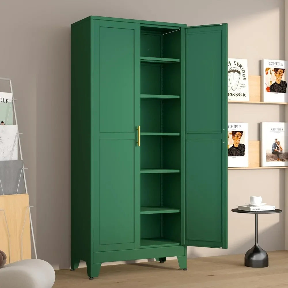 Metal Pantry Cabinet with 2 Doors and 5 Adjustable Shelves, 75" Kitchen Storage cabinets with Gold Handles, Versatile Storag