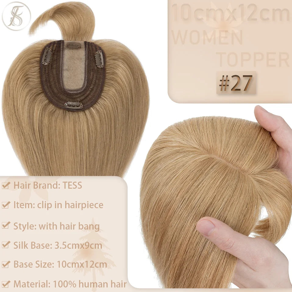 TESS Women Topper 10x12cm Hair Clips Hair Topper Natural Hair Wigs 100% Human Hair Silk Base Clip In Hair Extension Blonde Women