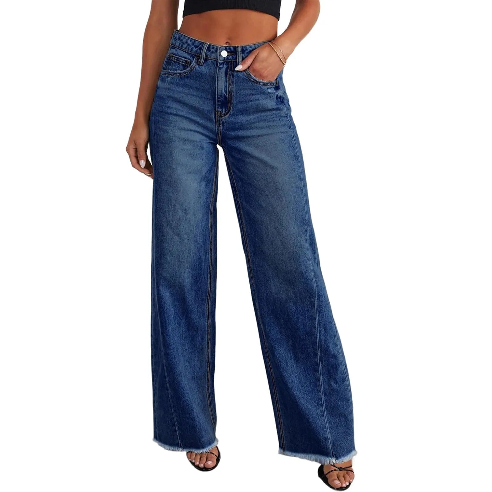 Retro High Waist Straight Leg Jeans Women's Fashion Cross-Border Frayed Hem New Style Side Seam Patchwork Distressed