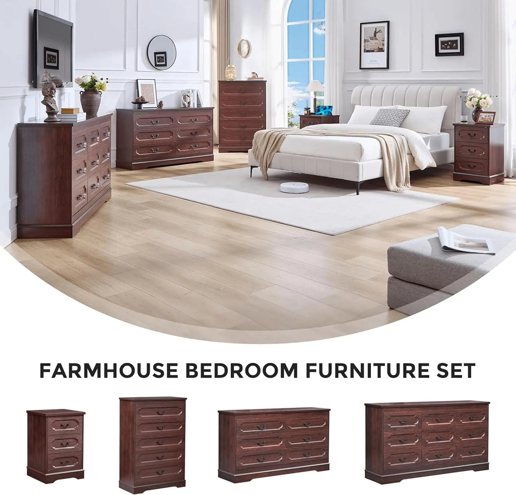 Dresser for Bedroom Farmhouse Cherry Wood Chest of Drawers for Bedroom Dresser, Rustic Wide Drawers Dressers